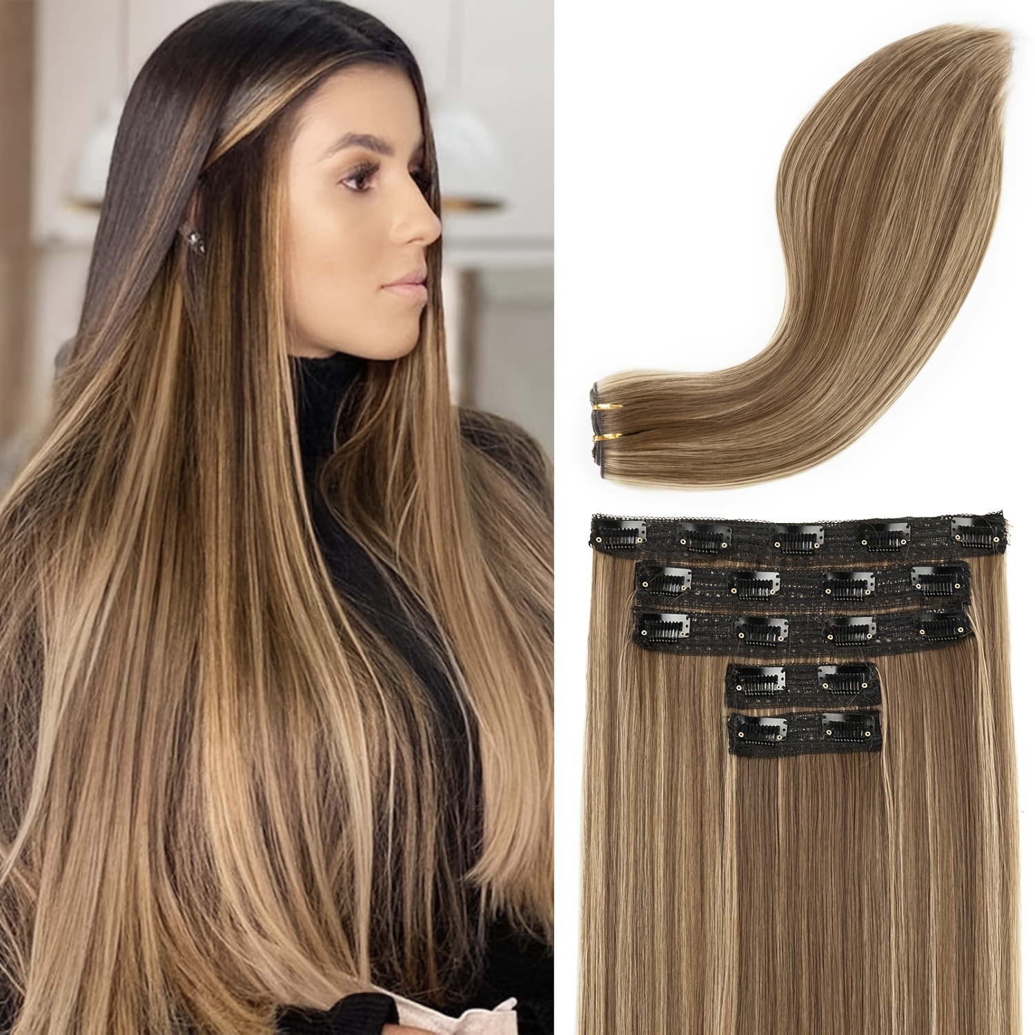 clip in hair extensions, hair extensions thick long lace weft lightweight synthetic hairpieces for women (60.96 cm-240 gram(pack of 5), chocolate brown with golden blonde highlights) details 1