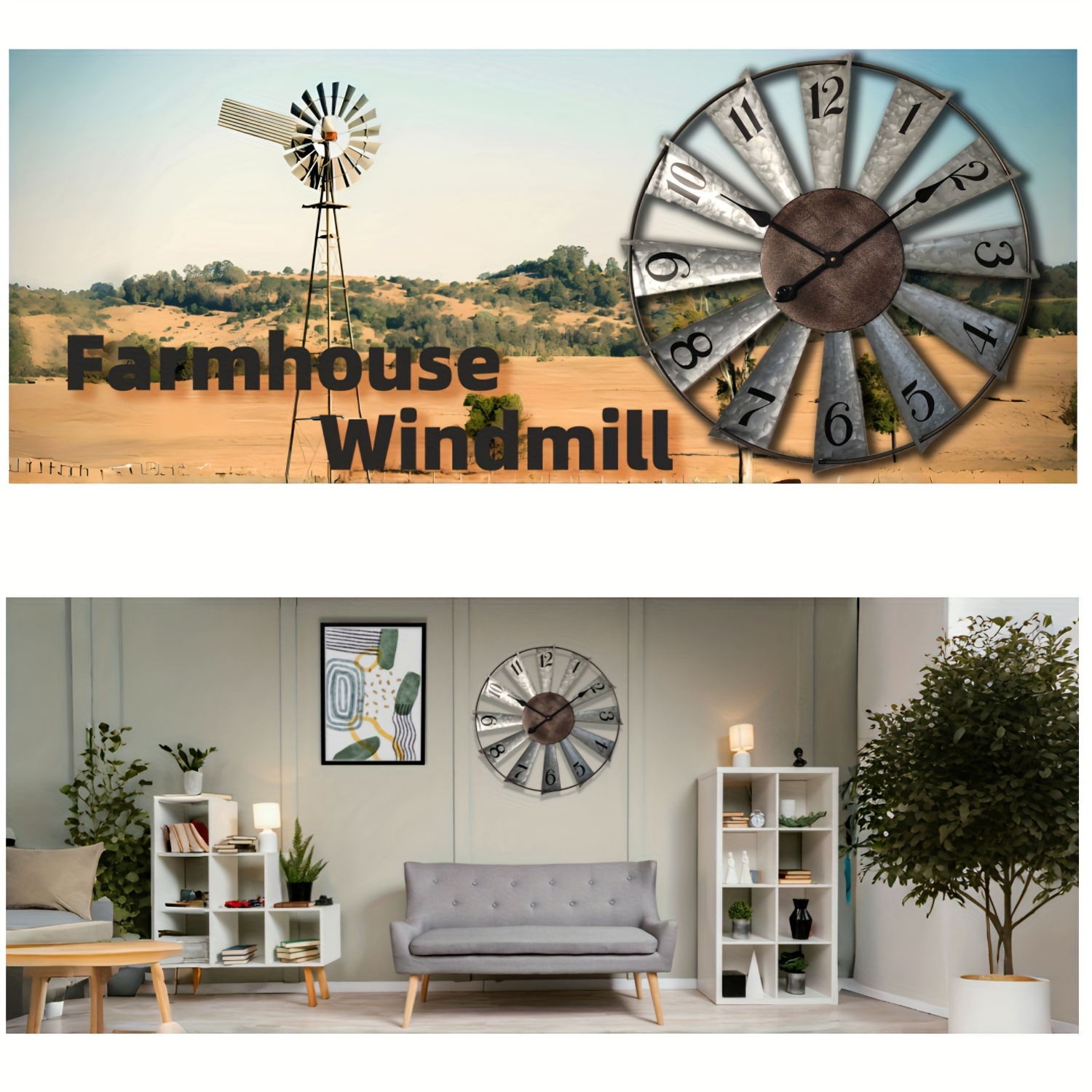 

24 Inch Large Windmill Wall Hanging Farmhouse Decor Clock Oversized Metal Clock Galvanized Windmill Analog Clocks For Living Room Kitchen Dining Room Bedroom, Silent, Battery Operated