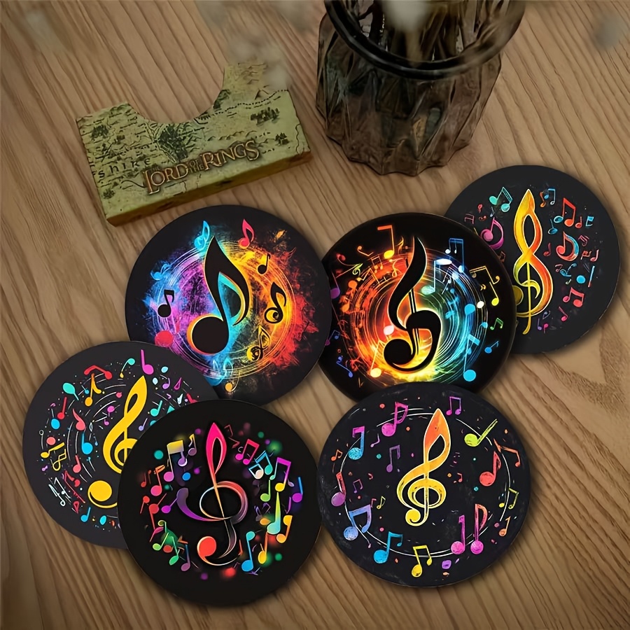 TEMU 6 pièces de porte-verres en bois avec un design de notes de musique vibrantes - Résistant à la chaleur, idéal pour les tasses de thé, de café et