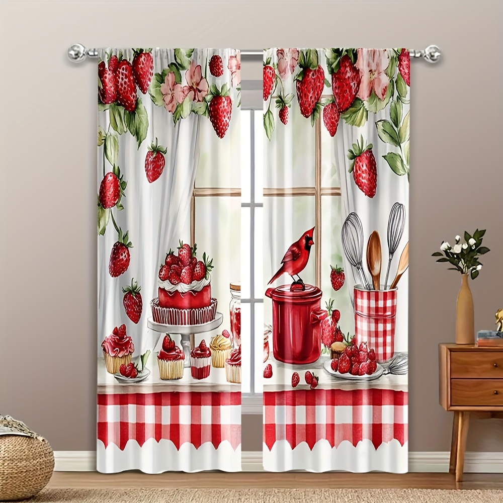 

2pcs Kitchen Curtains, Strawberry & Dessert Print, Rod Pocket Polyester Drapes For Bedroom & Living Room, Semi- Filtering, Machine Washable, Woven Knit Fabric, 90-100gsm