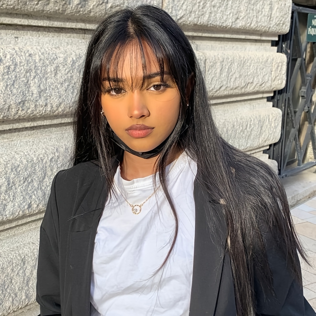 Straight Human Hair Wig With Bangs Glueless Straight None Lace Front Wig Adjustable Net For For Daily Use Soft Easy To Style 250% Density Straight Brazilian Human Hair Wig With Bangs
