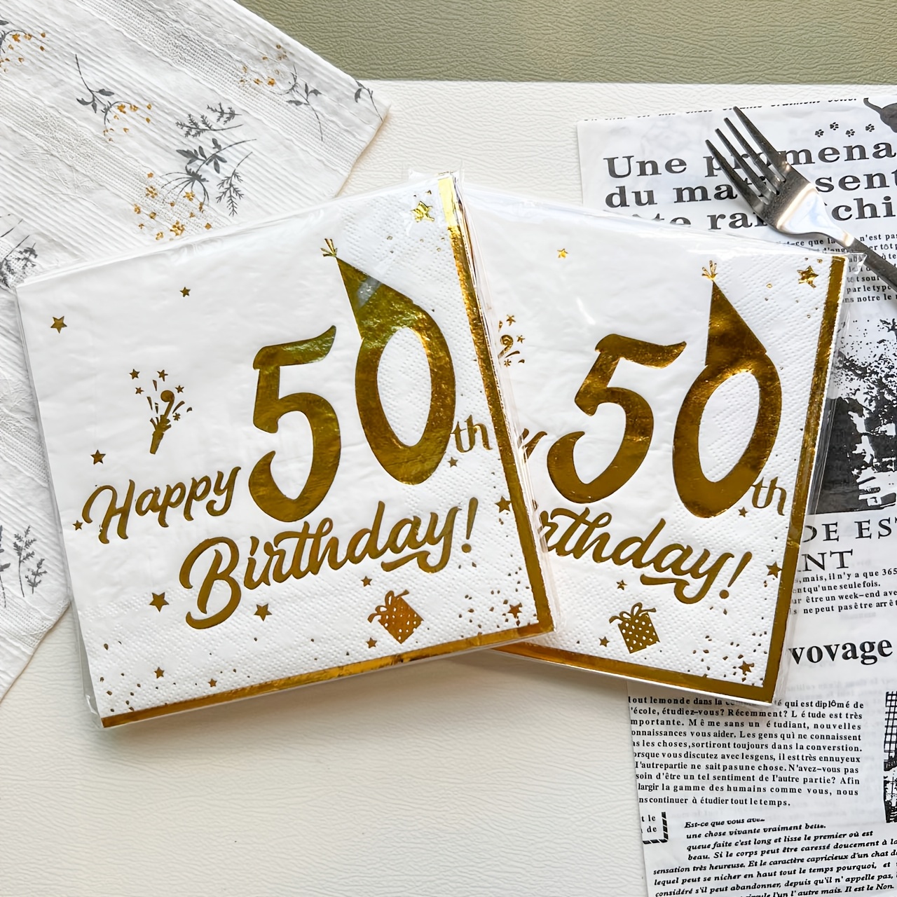 

2-pack 50th Birthday Party Napkins, 40pcs, 2-ply Disposable Paper, Hot Stamping Platinum , For All , 6.5x6.5 Inches, Carnival Theme