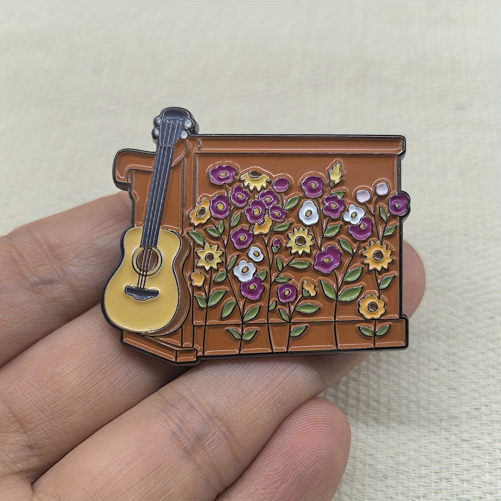TEMU Concert Surprise Song Piano Guitar Enamel Pin Floral Guitar Brooch Lapel Metal Badge Hat Backpack Clothing Fashion Accessory Holiday Gift For