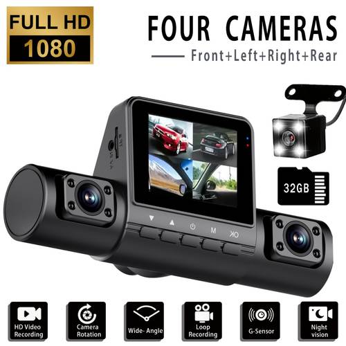4 channel vehicle camera free 32gb card with1080 dvr video recorder driving dash cam 1080p front and 720p rear night loop recording 24h parking monitor