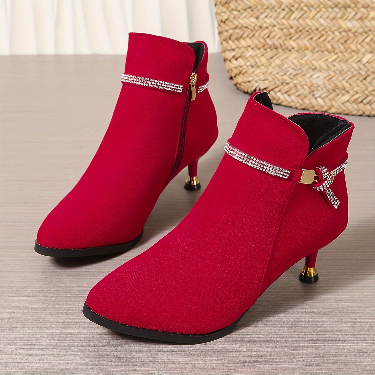 Women's Rhinestone Decor Stiletto Heeled Boots, Fashion Point Toe Dress Boots, Comfortable Side Zipper Boots