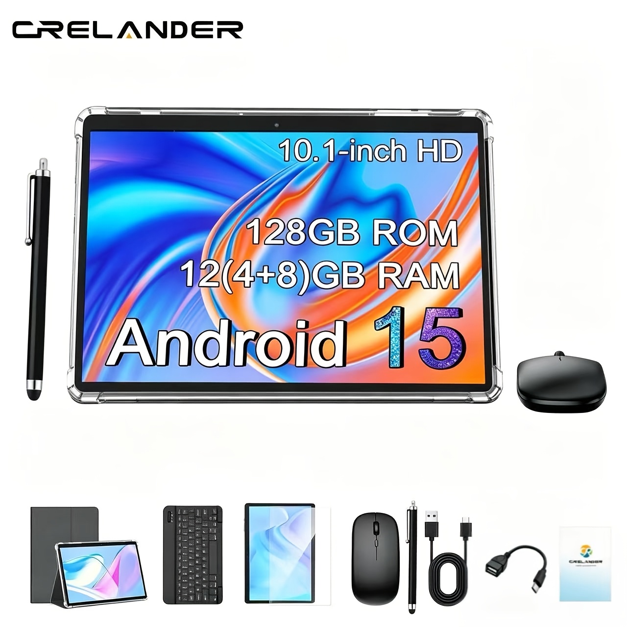 Image of Crelander 10.1 Inch Tablet, 15 Tablets 12gb(4+8) / 128gb Rom Sd Card Expansion, 1280x800 Hd Touchscreen, 5000mah Battery, Bluetooth 5.0, Dual Cameras, Gms, Dual Band Wifi, Gray