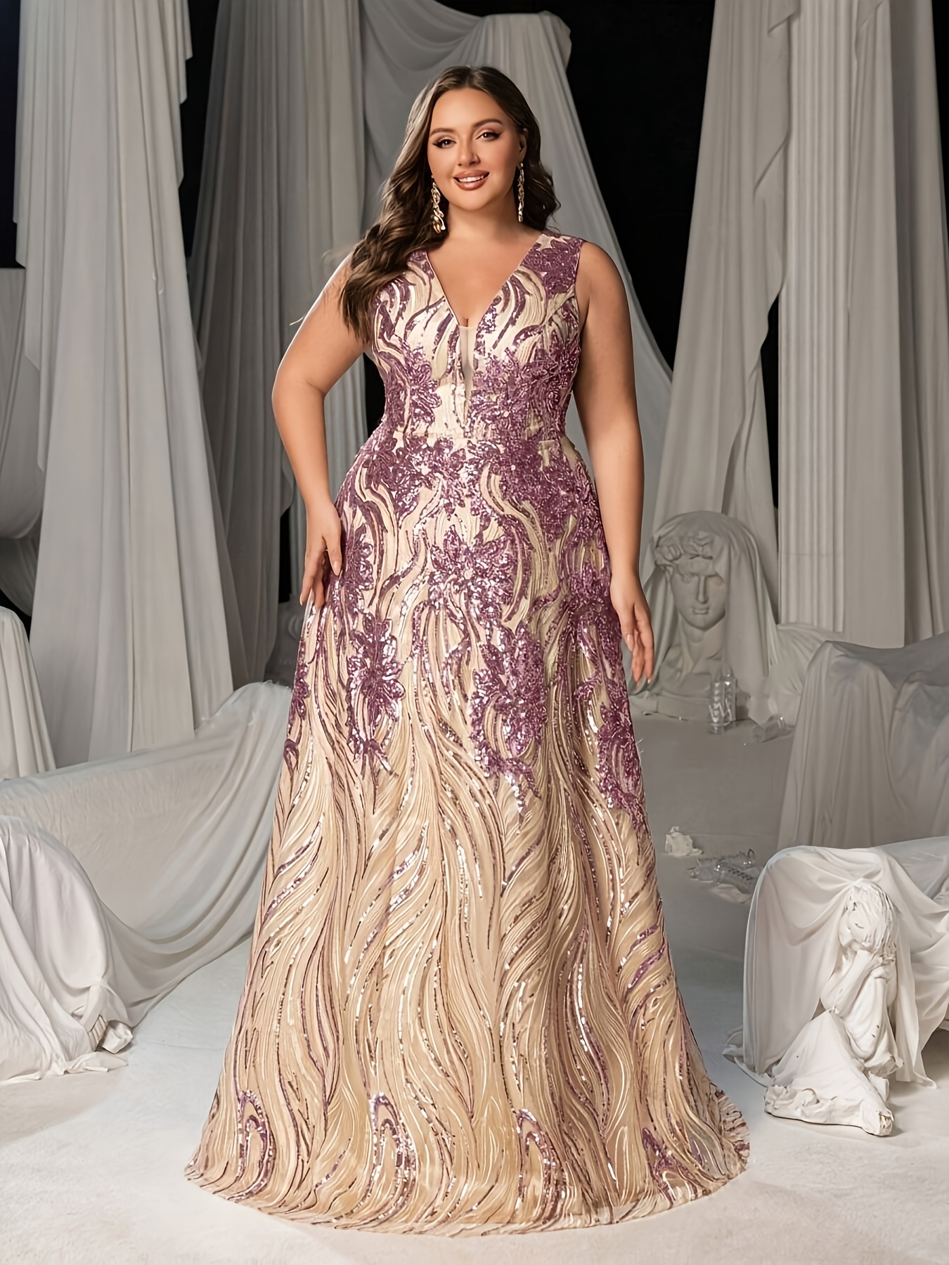 chinese dress ladies Wholesale Evening Dresses for Party Plus Size Sparkly Double V Neck