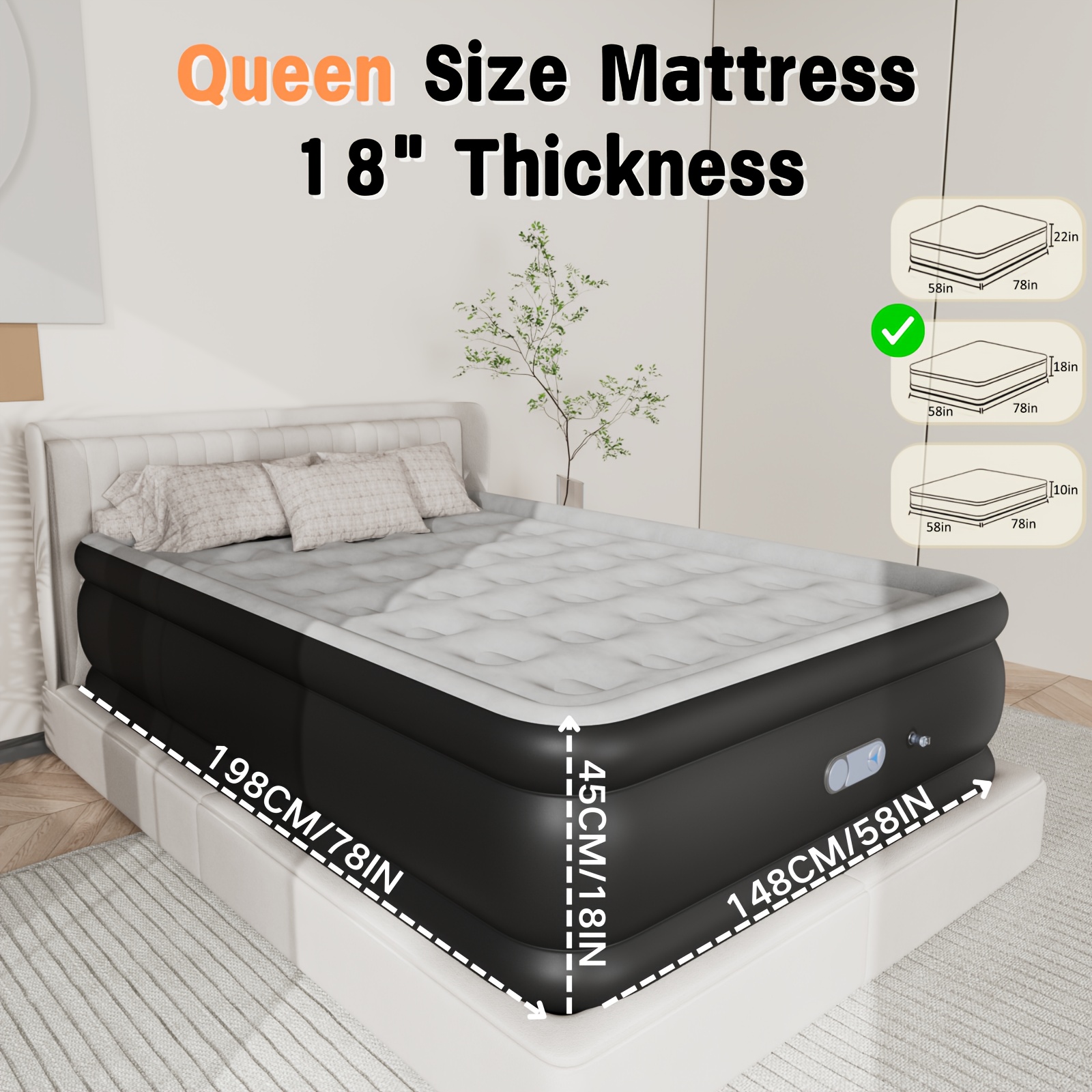 TEMU Grand matelas pneumatique Queen durable à gonflage rapide, avec pompe intégrée, capacité de poids de 800 lb, matelas gonflable pliable avec sac