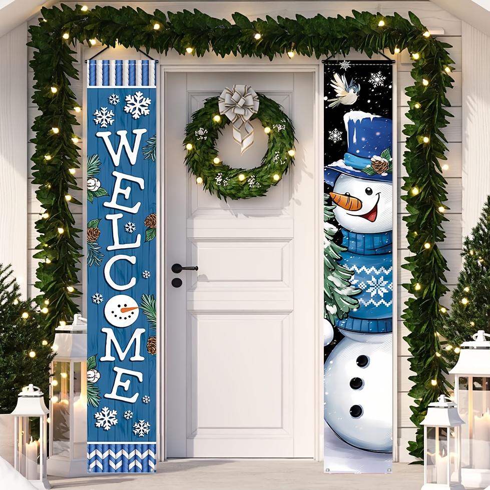 

Snowman Porch Banners - 2pcs Set, Blue Farmhouse Door Decor, Rustic Seasonal Bird & Designs, Polyester Outdoor Home Decoration, 71x12 Inches