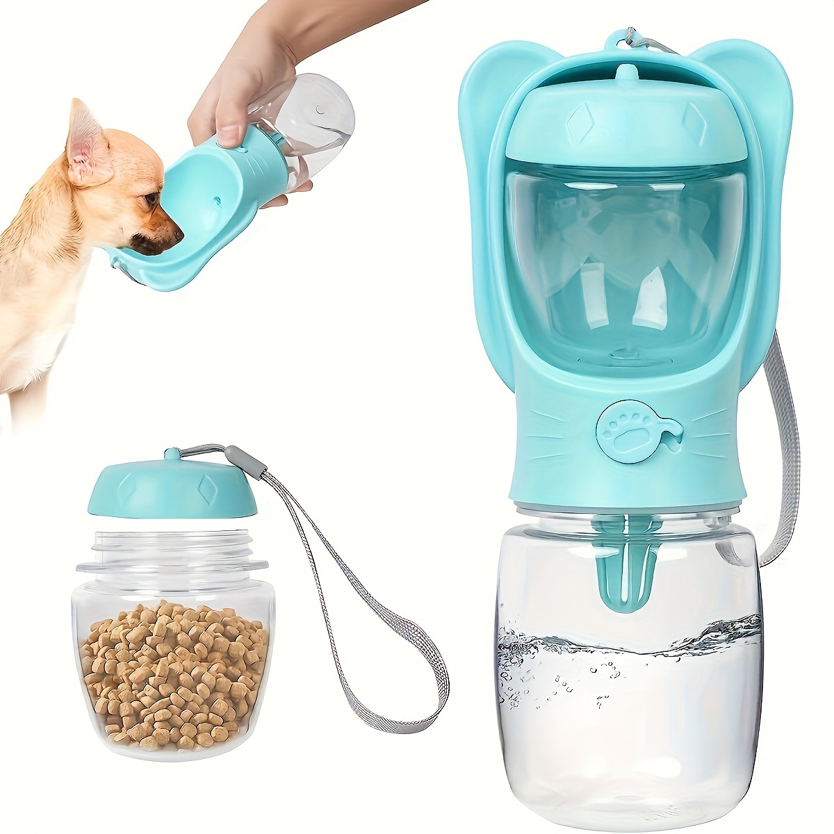 

2-in-1 Portable Dog Water & Food Bottle - Dual-purpose Design For Outdoor Adventures, Leak-proof Sipping System With Removable Food Container For Convenient Feeding On The Go
