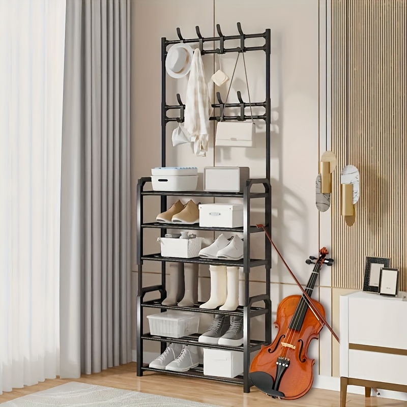 

A Single Of A 3-in-1 Freestanding Organizer Featuring 8 Hooks For Clothes, For Entryway Storage, With A 5-tier Shoe Rack, Ideal For Use In , Home Office, Or Bedroom ( Needed).