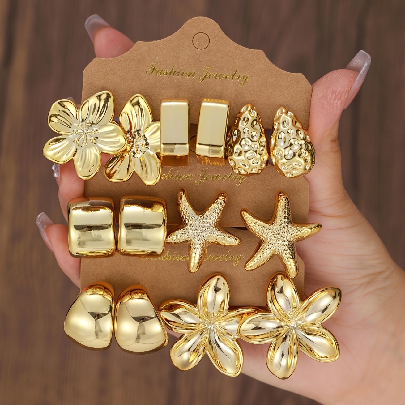TEMU Set di orecchini placcati in oro con motivi oceanici e , 2/3/7 , con stella marina e di plumeria, gioielli estivi da donna