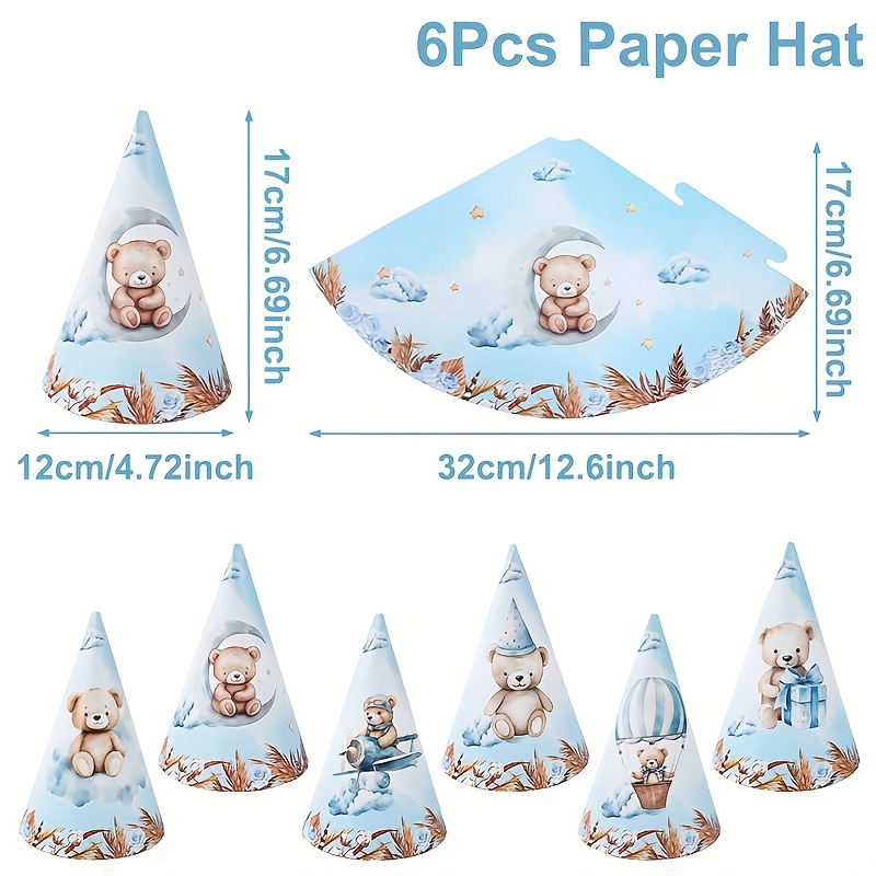 Image of 6pcs Blue Bear Theme Party Hats - Cloud Moon With , Gifts & Airplanes, High-quality Paper Hats For 1st Birthday, Shower, Gender Reveal Party Decorations, Bear Decorations Halloween&christmas
