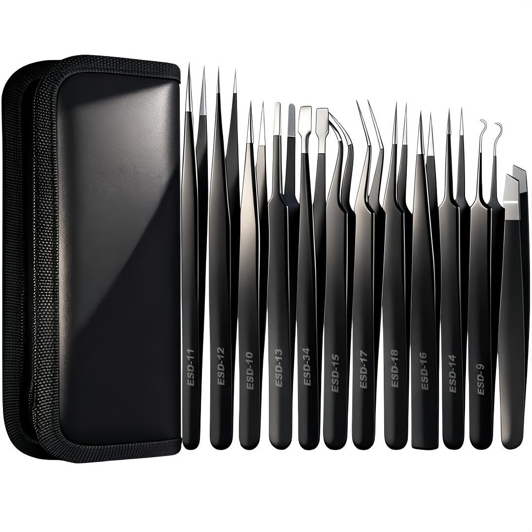 TEMU 12pcs Precision Tweezers Set With Anti-static Stainless Steel Tips For Electronics, Jewelry, Soldering, And Diy Projects With Storage Box