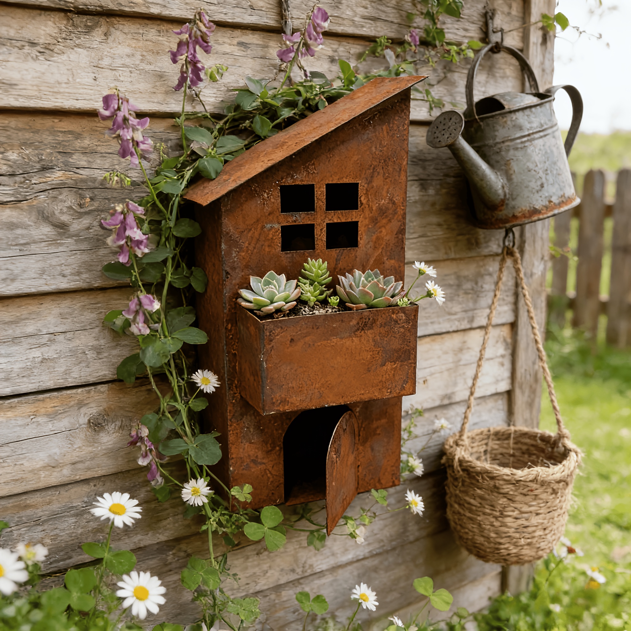 E-shop Vintage Hausförmiger Eisen-Blumentopf, geeignet für Innen- Außenbereich, Balkon- Gartendekoration, vielseitiger Sukkulenten-Pflanzkübel,