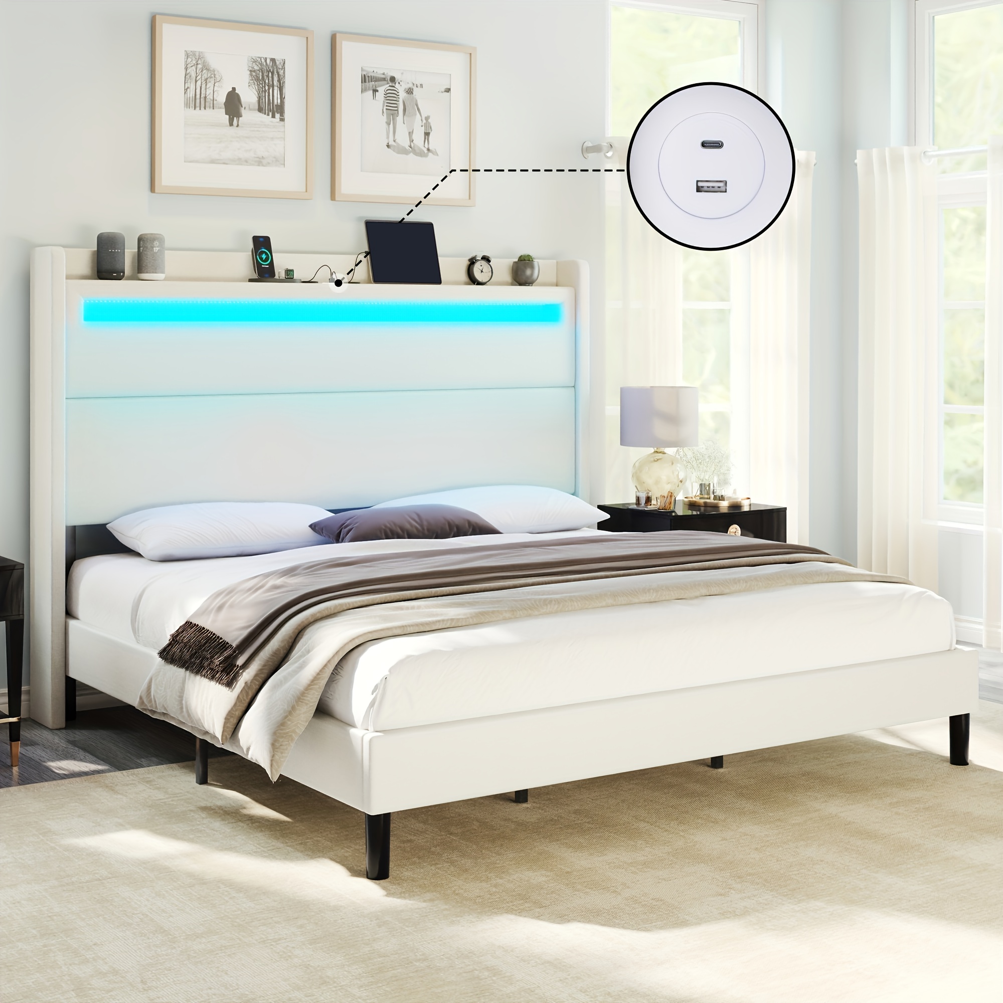 

Upholstered Bed Frame With Led Lights & Wingback Headboard, Platform Bed With Usb & Usb-c , Spring Needed/