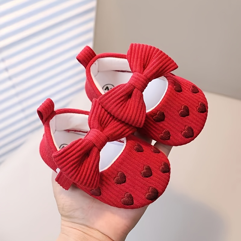 [1pr Casual Bow-Knot Mary Jane Shoes] Casual Bow-Knot Mary Jane Infant Shoes, Solid Color Fabric Upper, Slip-On Design, Non-Slip Soft Sole, Breathable, Lightweight, with No Lining, for Indoor, Party, Spring/Fall Season, Fashionable Comfort for Baby Girls