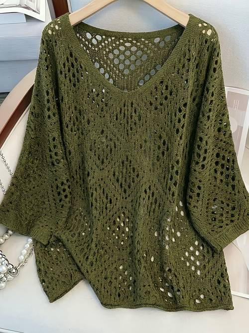 plus size plus size plus size womens flower loose hollow round neck pullover long sleeve sweater