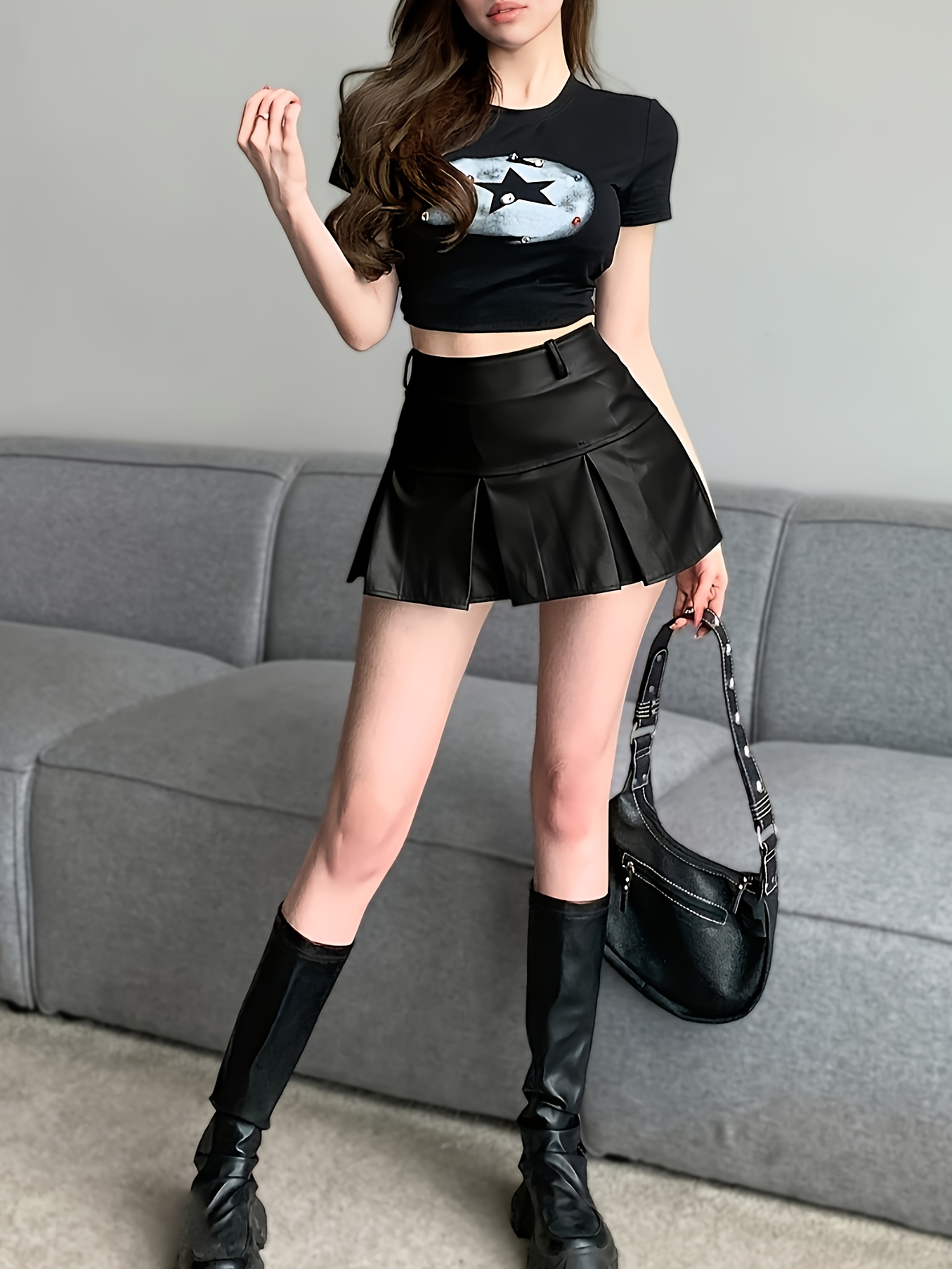 women's fashion elegant pu material solid pleated Temu United - Main Image