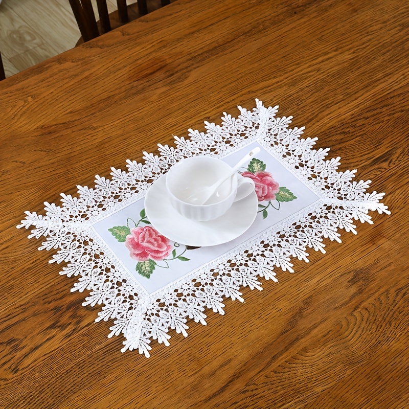 TEMU 1pc Elegant Hand-embroidered Pink Floral Table Runner With Lace Trim - 100% Polyester, Romantic Delicate Series For Dining Room, Birthday &