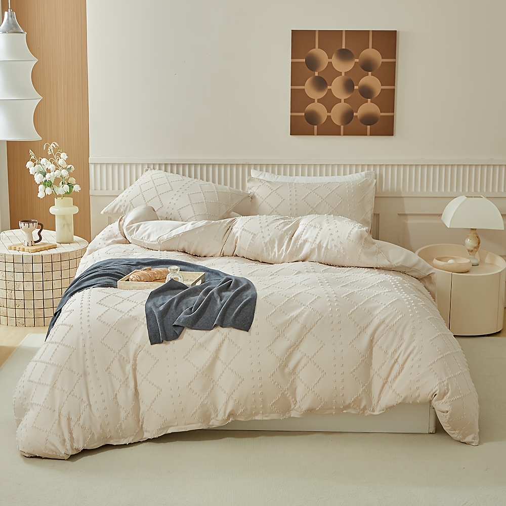 TEMU Autumn/winter New Arrival Cut-out Quilt Cover Set, 2/3pcs Set (1 Quilt Cover + 1/2 Pillowcases), Geometric Rhombus Pattern, Simple Khaki Color,