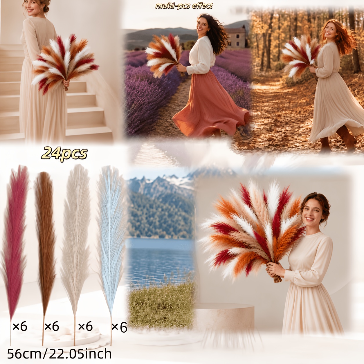 TEMU 24 pezzi di di , canna artificiale da 22 pollici, bouquet di canne soffici in 4 colori, acquistare in quantit� per un . per decorazioni boh矇mien