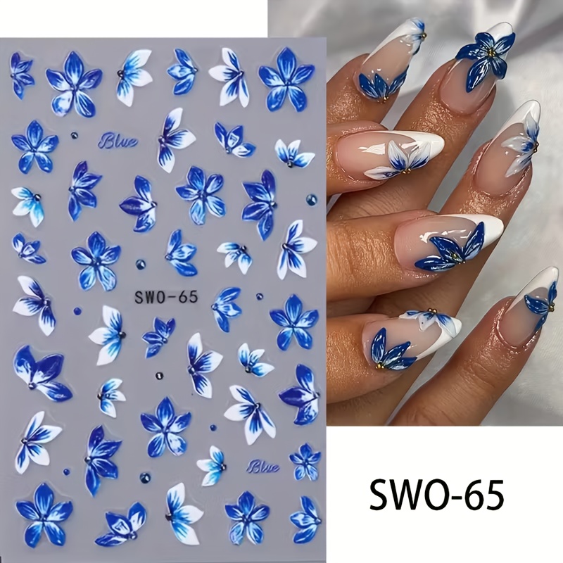 Spring New Arrival Floral Nail Stickers, Embossed Blue Barnacle Petal Lily Of The Valley Nail Decals