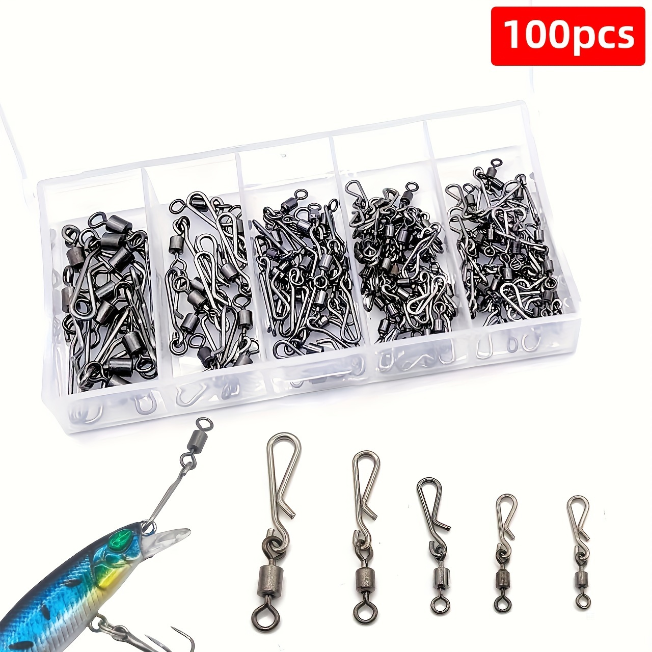 

Jeux de 100 pièces d'attache en acier au carbone pour pêche avec épingles à cliquet, kit d'accessoires de pêche en eau salée et douce de haute résistance