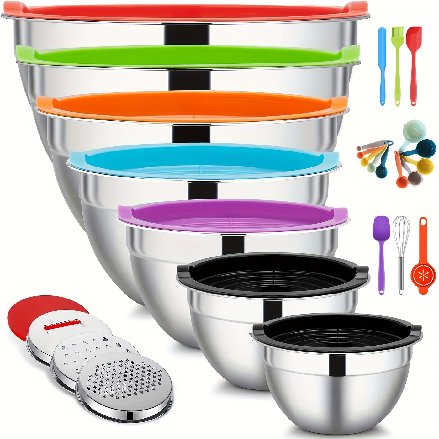 

Mixing Bowls With Airtight Set, 27pcs Stainless Steel Khaki Bowls With Grater Attachments, Non-slip Bottoms & Kitchen Gadgets Set, Size 0.7, 4.5, 3.6, 2.7, 2.1, 1.7, 1.1qt, Great For Mixing & Serving