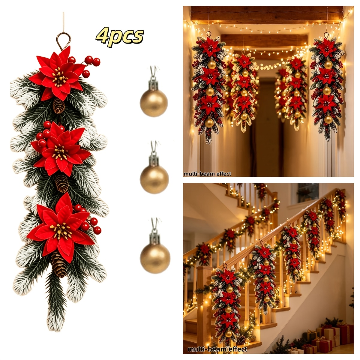 TEMU 4pcs = 1 Inverted Floral Arrangement   3 Christmas Ball Ornaments. Snow-falling Inverted Floral Arrangement Features Snow Covering Flocked Pine