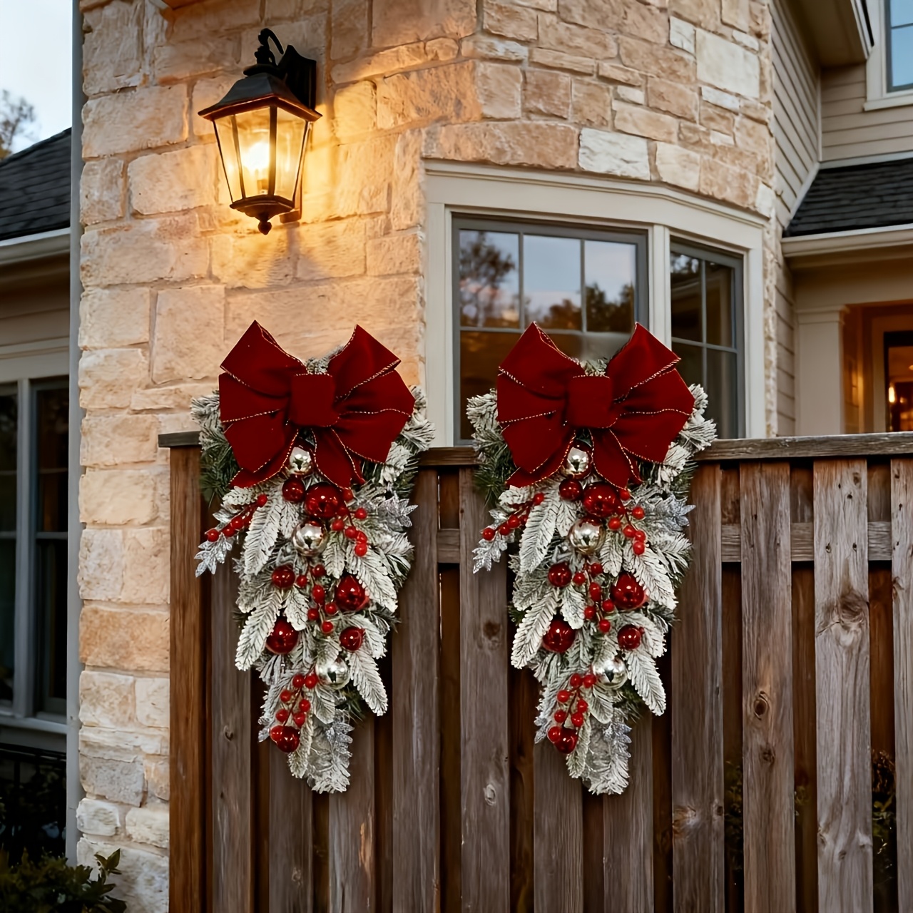 TEMU 2pcs/3pcs Flocked Christmas Wreaths, Nordic Style 60cm/23.62inch Christmas Red Bow Staircase Wreath, Home Decor, Front Door Window Hanging