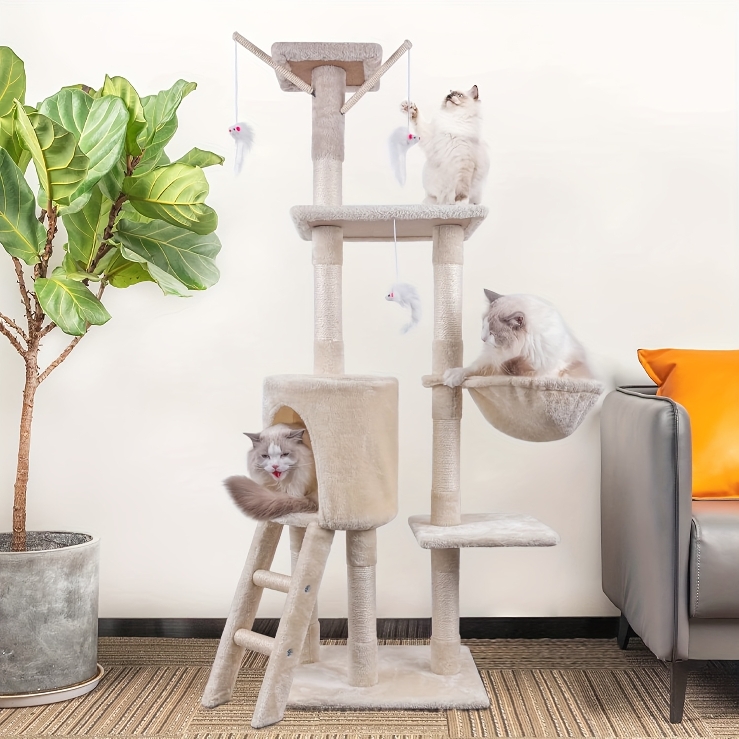 Turn pentru pisici de 140 cm înălțime, cu mai multe niveluri, stâlpi de zgâriat din sisal, cadru mare de cățărat, scară, hamac și casă - Mobilier robust pentru interior, pentru pisoi și pisici, turn alb/maro pentru cățărat, odihnă și joacă