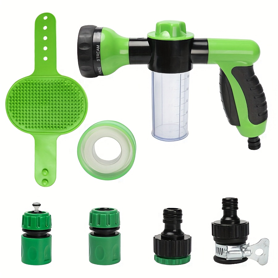 TEMU 1pc Foam Spray, Spray Mode Garden Hose Nozzle With Pet Shower Brush And 100ml Soap Dispenser Bottle, Suitable For Lawn, Car Wash, Yard, Pet Bath