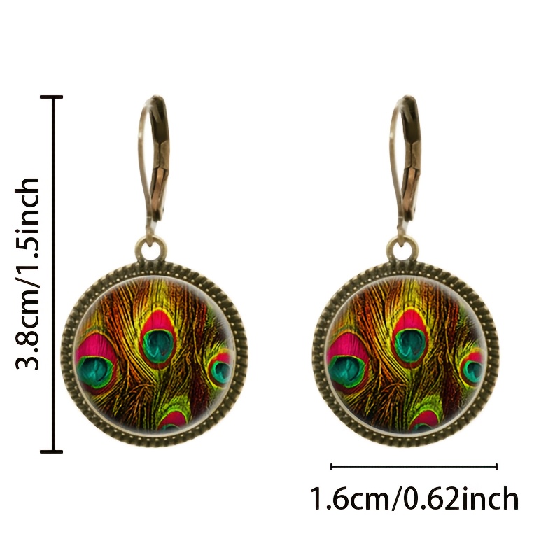 2pcs Set of Teal Classic Pendant Earrings with Peacock Feather Pattern