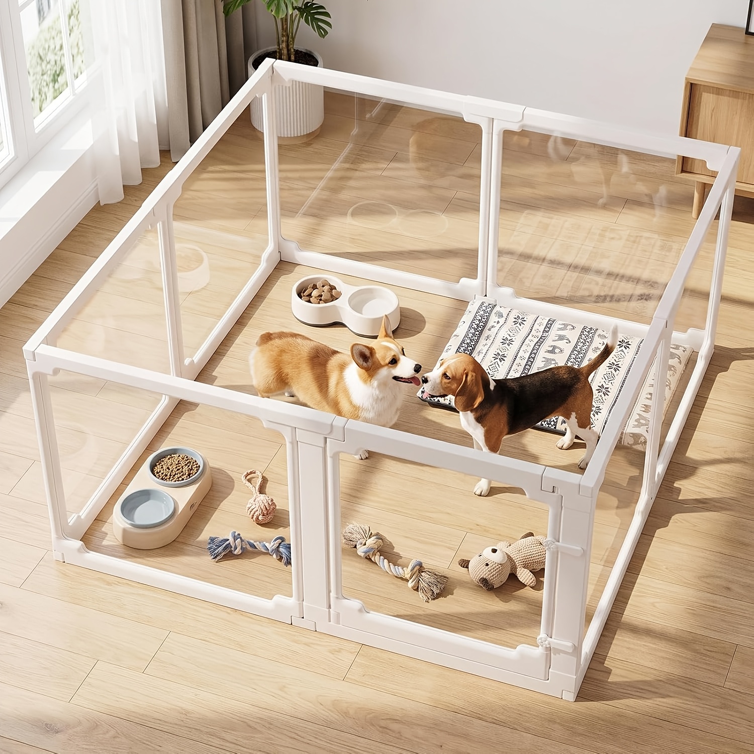 Image of Acrylic Pet Fence, 125x120cm, Foldable Dog Barrier With Door, 60cm High, With Non-slip Rubber Pads, Easy To Assemble, Suitable For Small Dogs And Puppies