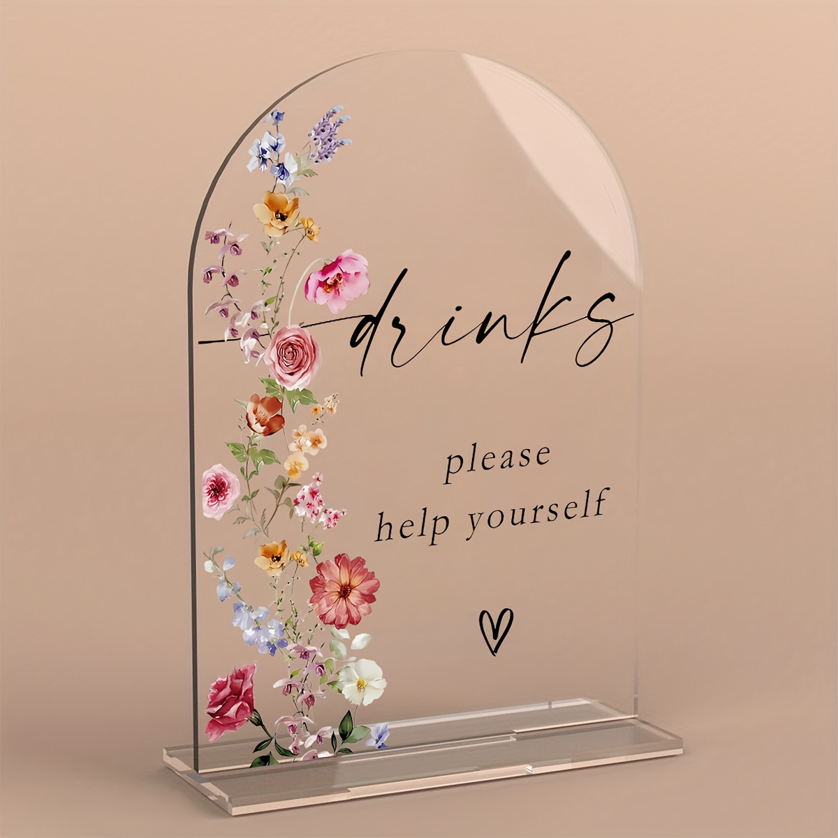 Image of [] [] Acrylic Arch Drinks Sign " Yourself" - Floral Watercolor Wedding Bar Sign, Tabletop Decor For Wedding Reception, Bridal Shower, Bachelorette Party With Stand Halloween Christmas Decoration