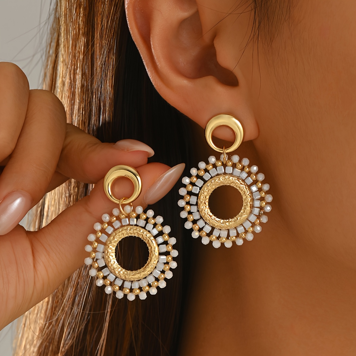 Bohemian Ethnic Hand-woven Beaded Round Pendant Earrings