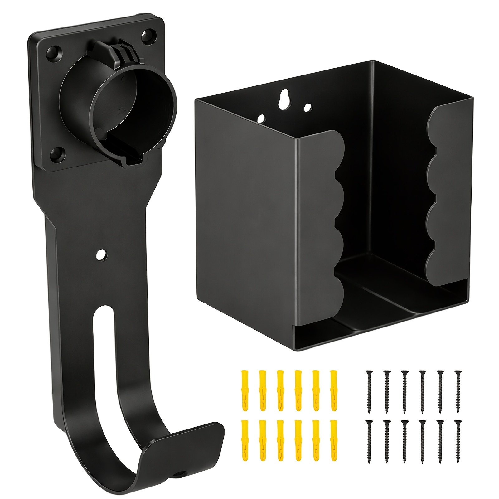 Image of Set Of Charging Gun Hangers For Vehicles, Including A Hanger For The J1772 Charging Gun, A Metal Hook, 5 Sets Of Screws, A Rectangular Metal Box With Edges, And A Screw Set