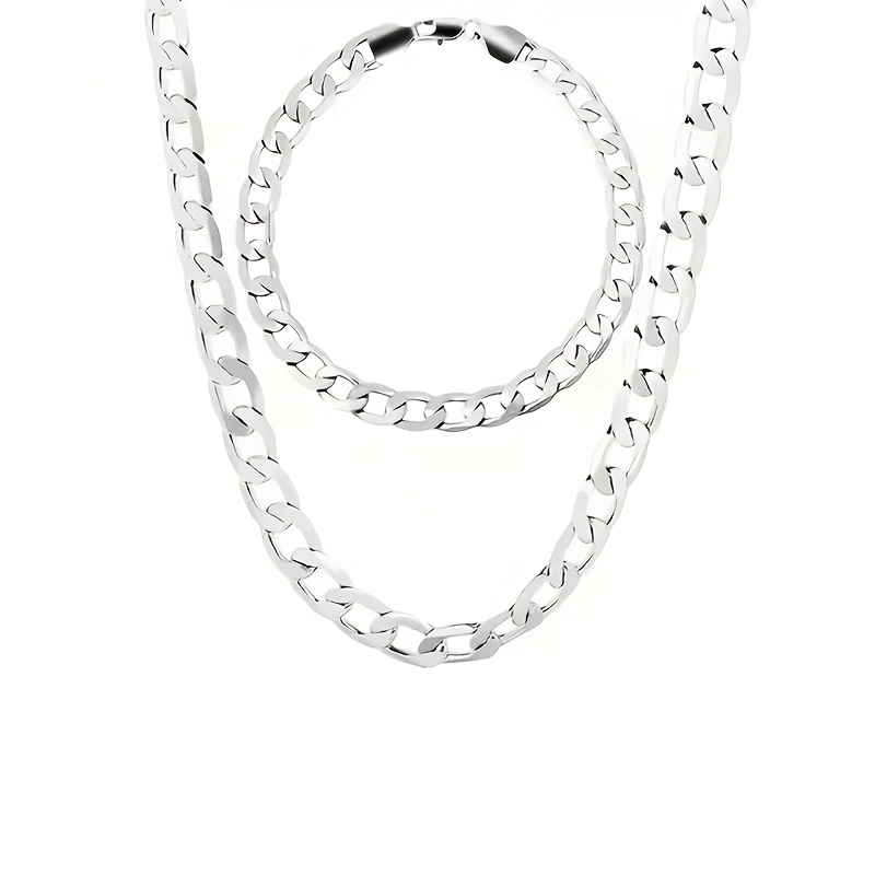 TEMU 925 Silver 8mm Cuban Chain Necklace Bracelet Set Total Weight Of The Product (22.21g), Fashionable And Exquisite, Suitable For Daily And Party