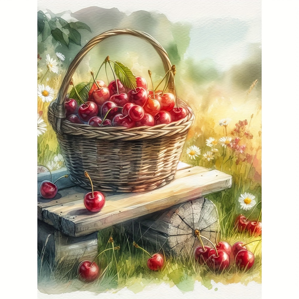 

5d Round Diamond Painting Kit - Cherry Basket Fruit Theme, Full Drill Acrylic Diamond Art Embroidery Cross Stitch For Wall Decor And Gift