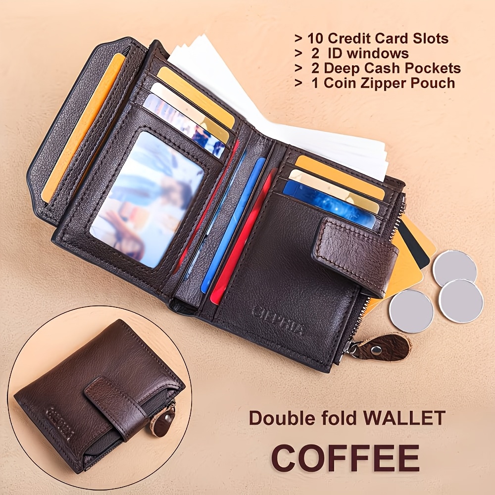 Image of Vintage Cowhide Men's Wallet Rfid Blocking Protection, 12 Card Slots, 2 Large Cash Slots, 1 Zippered Coin Pocket, 2 Sim Card Slots In , Brown, Black, Coffee Color Gifts For Him