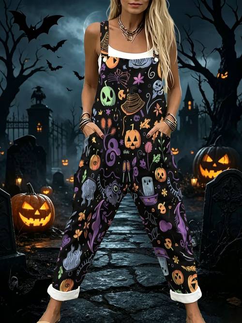 womens leisure overallsjack o lantern graphics design squash pumpkin graphic design wallpaper calabazafashion sleeveless buttons design with pockets suitable vacation and daily wearing loose fit