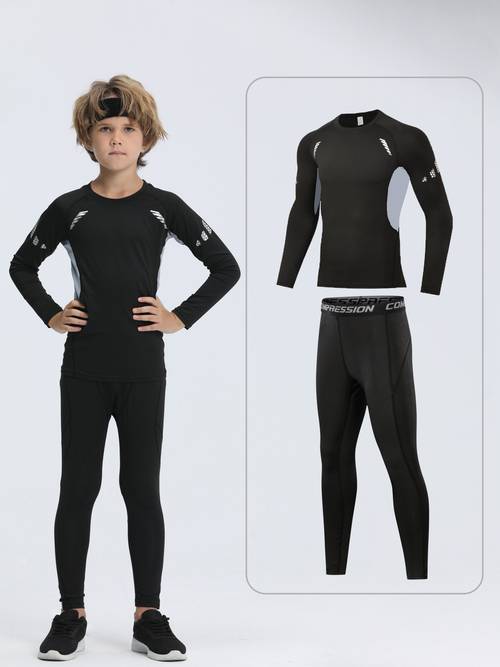 boys quick dry athletic set 2pcs long sleeve top leggings striped soccer basketball training basketball practice gear outdoor