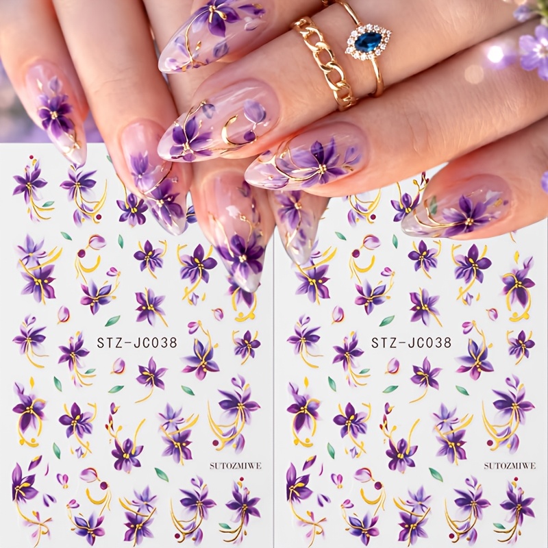 TEMU 2pcs Flower Nail Stickers 3d Self-adhesive Nail Art Decals Leaf Floral Nail Decorations Manicure Additions