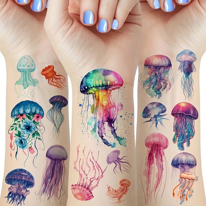 

12pcs Jellyfish Temporary Tattoos, Watercolor Under The Sea Ocean Fake Tattoo Stickers, For Woman Men, Birthday Party Decorations, Hand Arm Shoulder Body Art