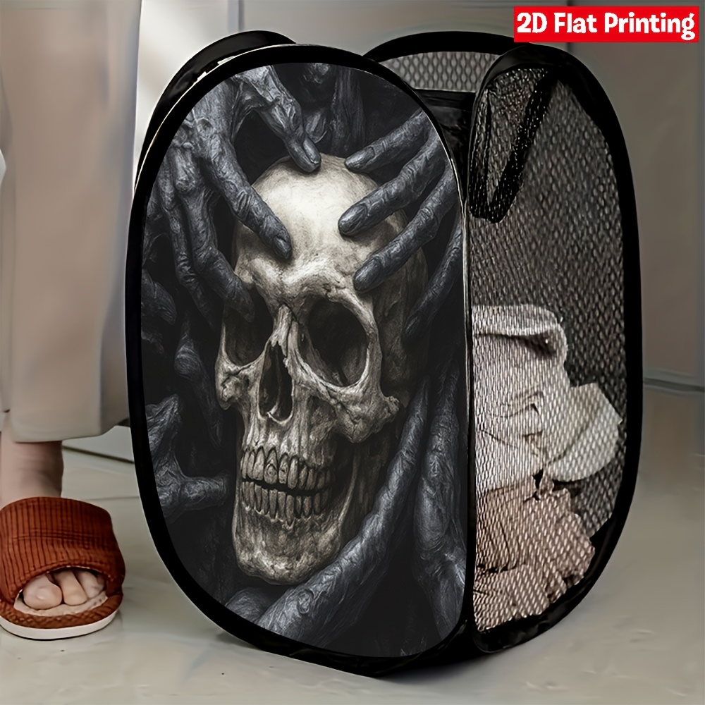 TEMU 1 panier à linge pop-up en pour la Saint-Valentin avec motif crâne noir et mains tenant un squelette | Solution de rangement pliable et durable