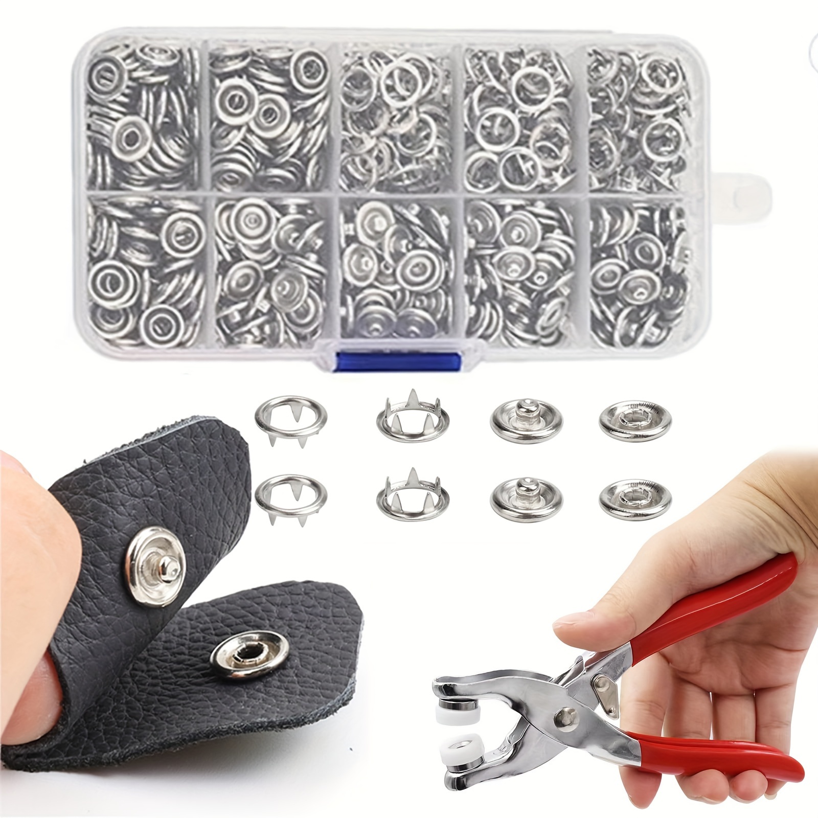 

800pcs Metal Snaps Buttons, Fastener Pliers Press Tool Kit With 200 Sets 3/8 Inch Snaps, Prong Metal Snaps, Stainless Steel Snap Installation Tool For Diy Crafting, Clothing (9.5mm/silver)
