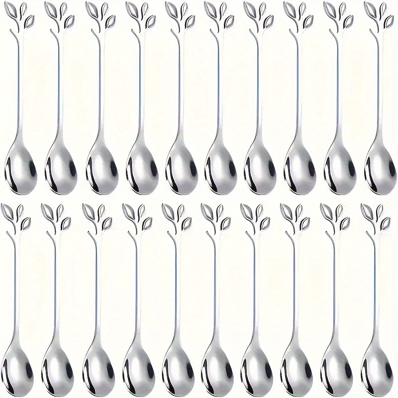 

20pcs Elegant Stainless Spoon Set With Leaf Design - Ideal For Desserts, Appetizers, Weddings & Parties, Metallic