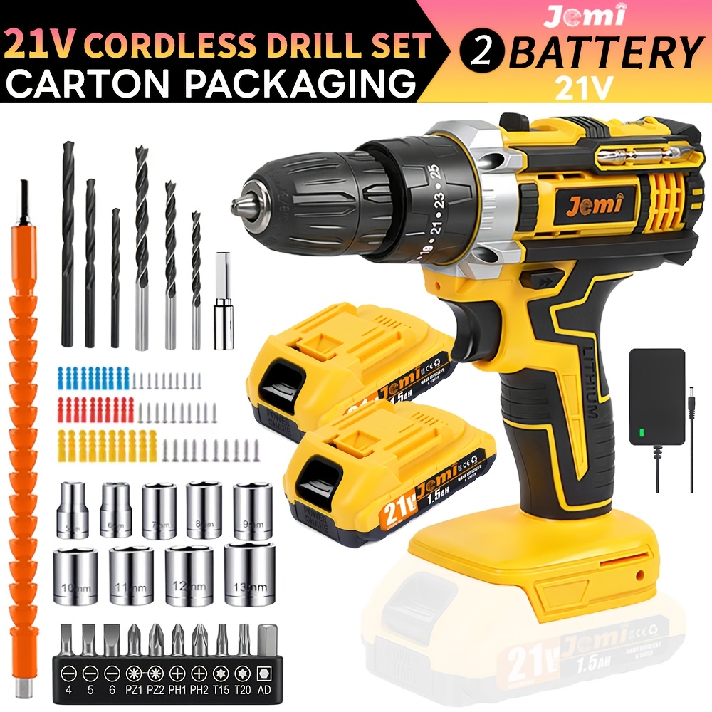 Image of Jemi Tool Cordless 21v Drill, Plastic Box And Cardboard Box Accessory Set, 1/2 Removable Battery, 3-in-1 Lithium Drill Suitable For Home Decoration And Tool Repair