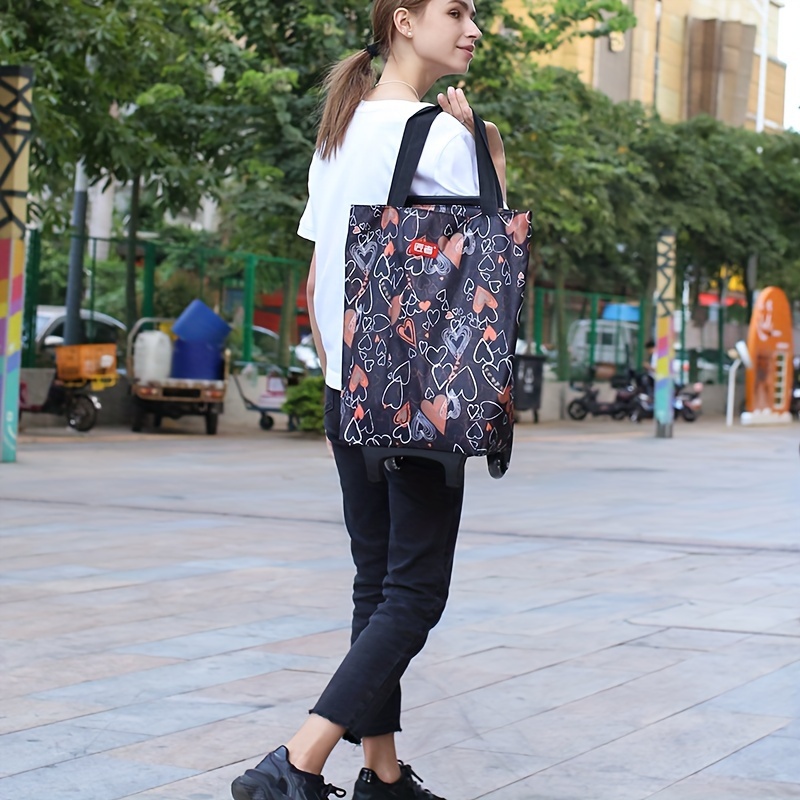 Versatile Foldable Shopping Cart with Heart Pattern - Lightweight, Durable Plastic/Aluminum, 4-Wheel Design for Easy Maneuverability - Perfect for Groceries, Moving Freight, and Camping Essentials